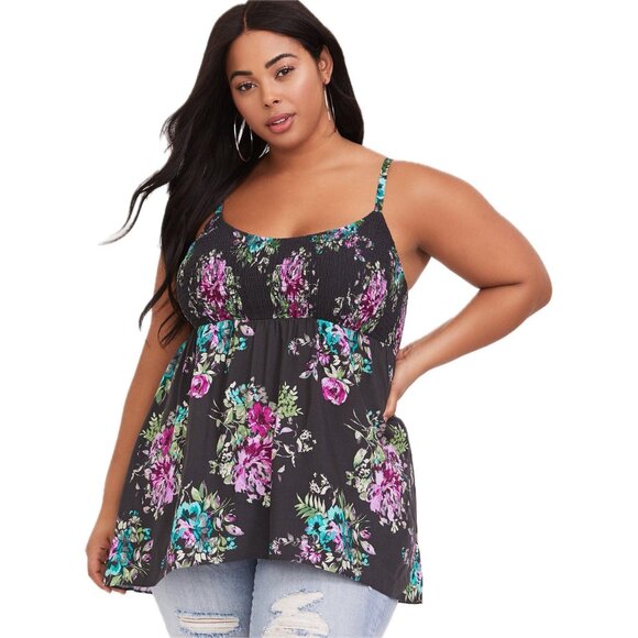 Torrid Babydoll Challis Smocked Cami GRAY FLORAL - size 1X - Picture 2 of 11